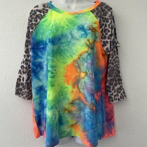 LILYPAD BOHO TIE DYE TOP LEOPARD PRINT LATTICE SLEEVES